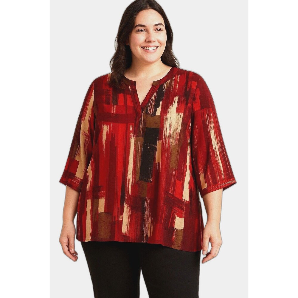 Catherines Women’s 1X Abstract Brushstroke Print Tunic Top Red Brown 3/4 Sleeve